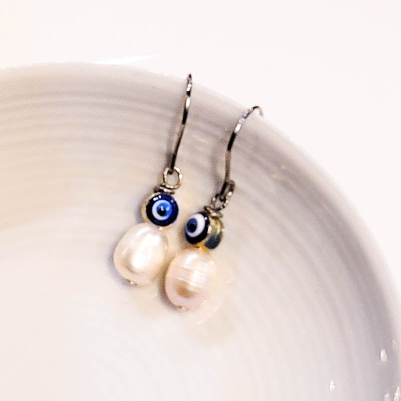 Blue Evil Eye Pearl Drop Earrings (S)