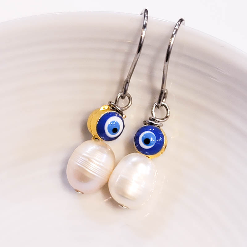 Blue Evil Eye Pearl Drop Earrings (S)