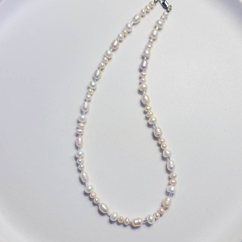Cream & White Pearl Necklace with Silver Bar Spacers 17.5"