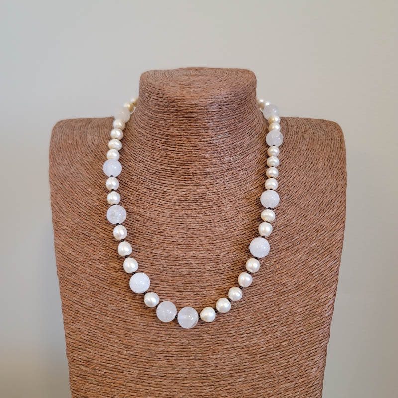 Ivory Pearl & Milky Quartz Necklace with Black Spacers