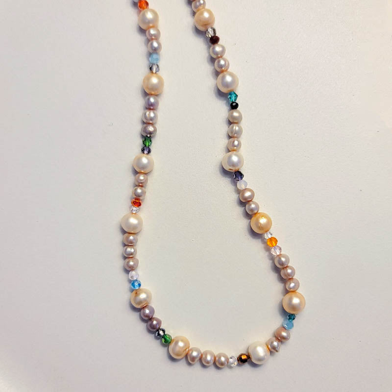 Lilac Cream & Peach Pearl Necklace with Crystals 32"