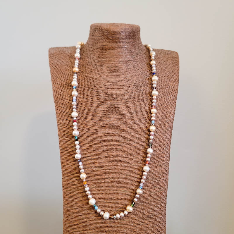 Lilac Cream & Peach Pearl Necklace with Crystals 32"