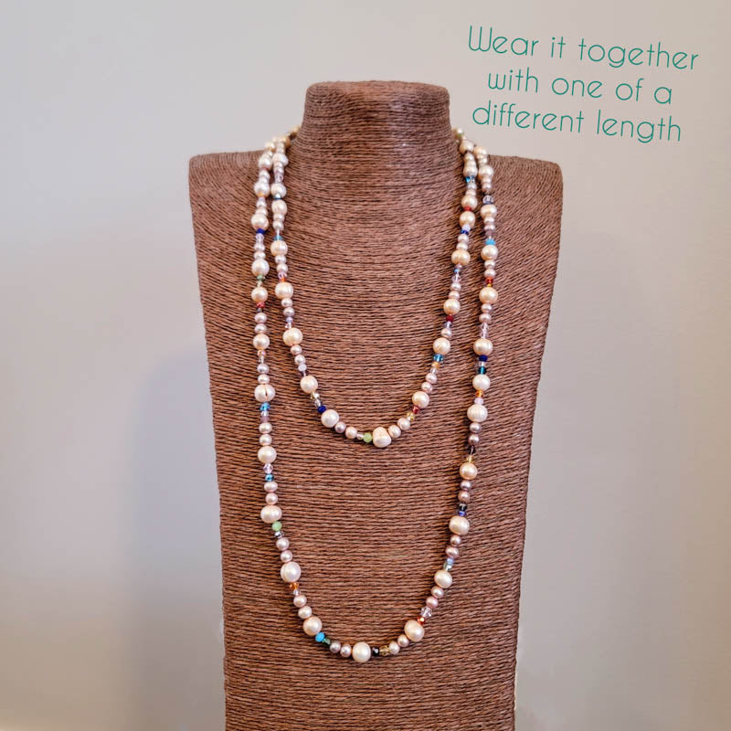 Lilac Cream & Peach Pearl Necklace with Crystals 23"