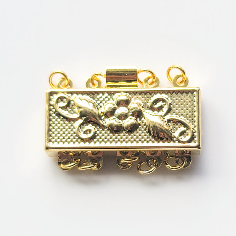 Gold-Plated 5-Strand Rectangle Box Clasp (Flower) 25.5x16mm (2sets)