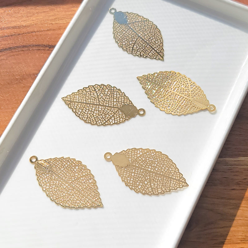 Gold-tone Filigree Leaf Charm 39x21mm (8pcs)